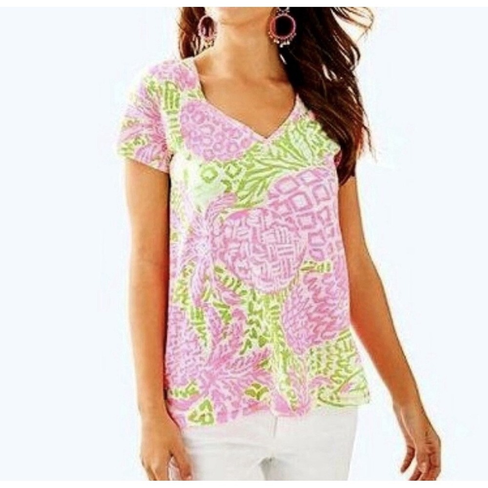 Lilly Pulitzer Women's Etta V-Neck Top in Tidal Wave ~ Pineapple Print Size L